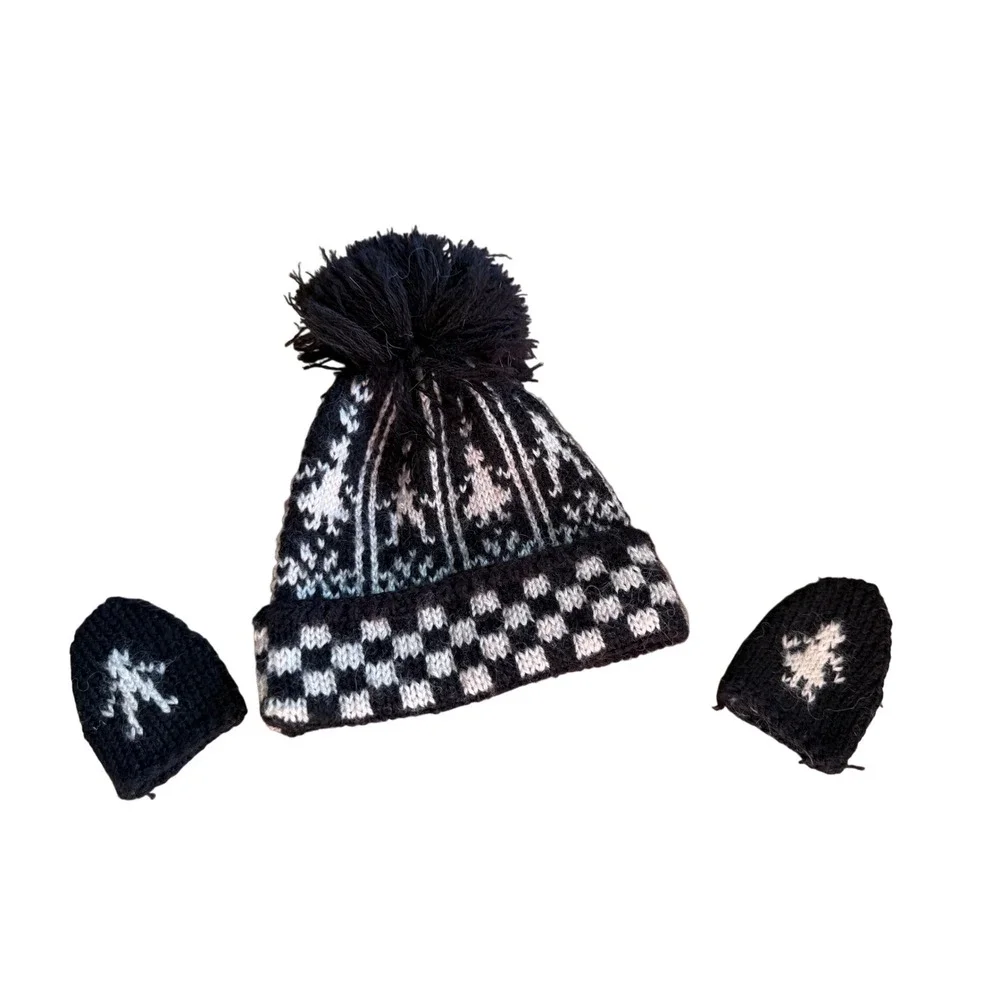 Vintage 1989 Pleasant Company Hand-Knitted Beanie and Mittens Set Black White